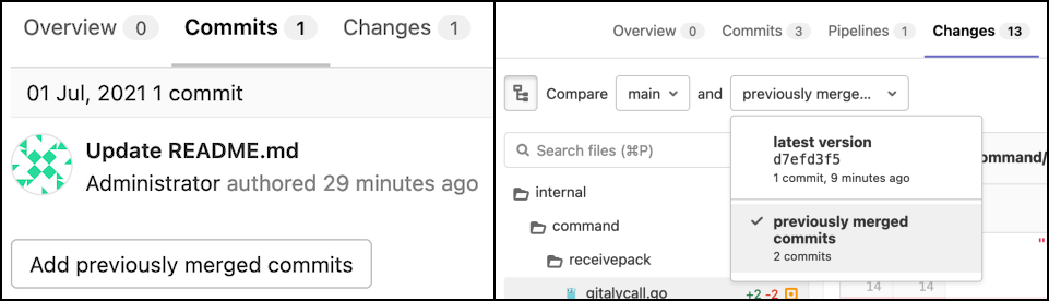 Review previously merged commits in merge requests