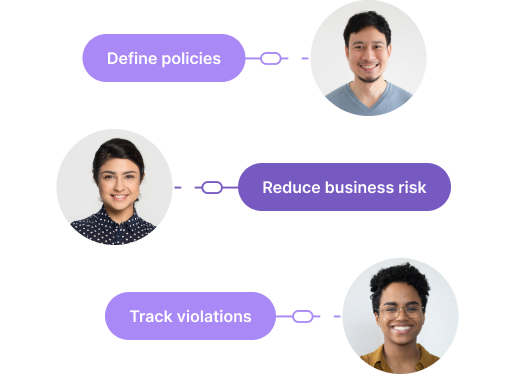 An illustration of 3 headshots of people next to copy messages