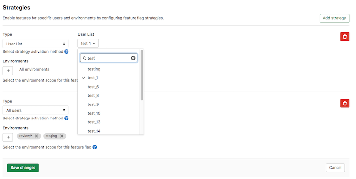 Searchable user list in feature flag strategy